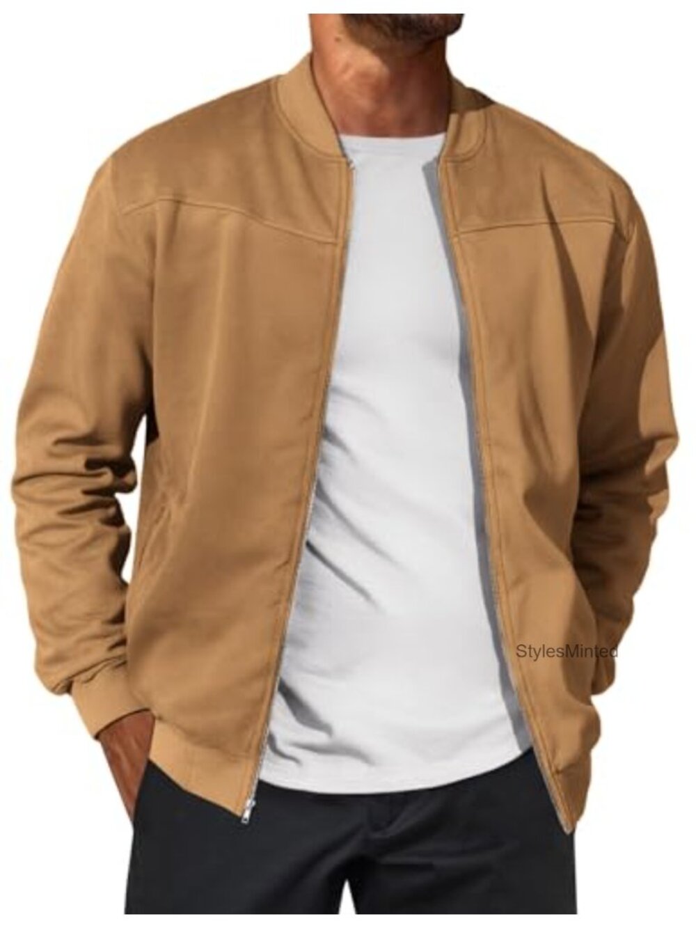 Mens Suede Bomber Jacket Full Zip Lightweight Varsity Coat with Pockets
